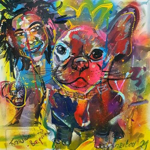 BASQUIAT NYC with bebe Bulldogge in the of Banksy van Karibou, Schilderij te koop op Singulart