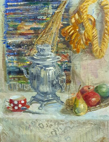 Samovar und Früchten.  Blumen Kunst und Stillleben by karibou von Karibou, Malerei kaufen auf Singulart