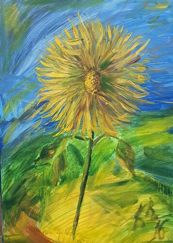 Sunflower on the blue background van Karibou, Schilderij te koop op Singulart