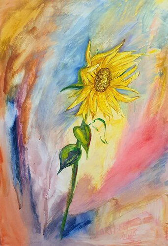 An incredibly powerful sunflower during a storm von Karibou, Malerei kaufen auf Singulart