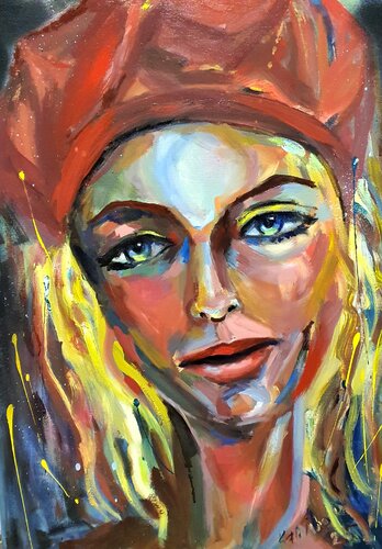 Girl in red cap with blond hair. Inspired by Jenny Saville van Karibou, Schilderij te koop op Singulart