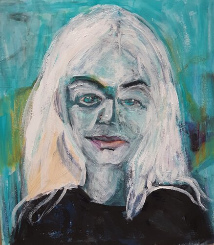 Ошарашенная. Blue white portrait of a WOMAN van Karibou, Schilderij te koop op Singulart