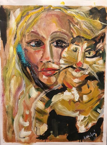 Ein Mädchen und eine 🐱 Katze di Karibou, Pittura in vendita su Singulart