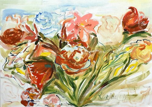 Rosen und Tulpen. Blumen Kunst by karibou di Karibou, Pittura in vendita su Singulart