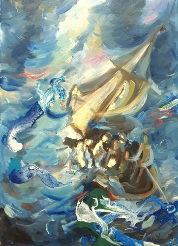 Jesus im Boot beim Storm di Karibou, Pittura in vendita su Singulart