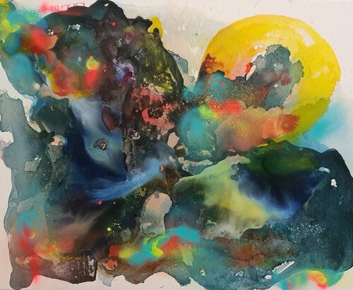 Flow blue jellow white resin Heaven art di Karibou, Altri media in vendita su Singulart
