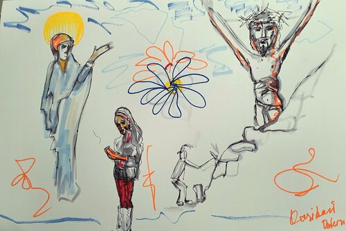 A man is chiseling a rock Jesus on a cross. Easter. von Karibou, Malerei kaufen auf Singulart