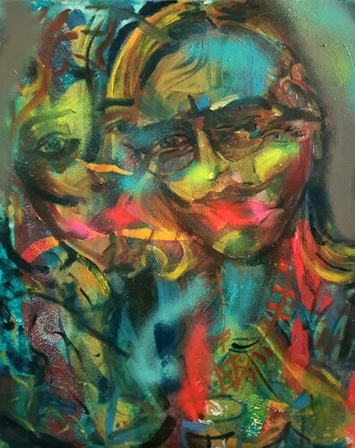 Skurriler Portrait dreier Gesichter semi abstract by Karibou, Painting for Sale on Singulart