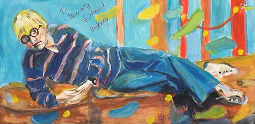 In memory of  celebrity - David Hockney-   Mit Hauch von Humor. de Karibou, Pintura a la venta en Singulart