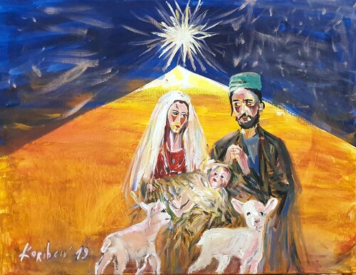 Jesus birth and Holy family in Bethlehem. von Karibou, Malerei kaufen auf Singulart