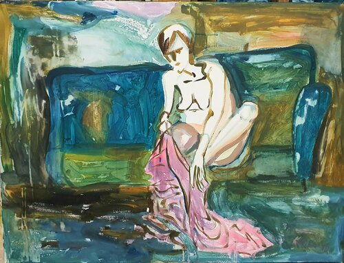 A woman puting her pants abstract two di Karibou, Pittura in vendita su Singulart