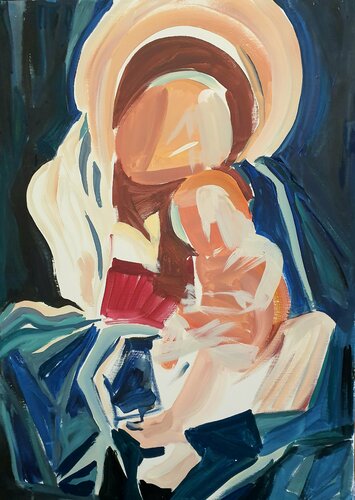 abstract female portrait madonna with Jesus child holy family Christmas by karibou di Karibou, Pittura in vendita su Singulart