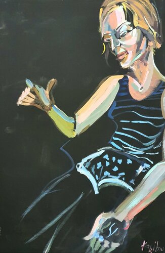 A woman  siting abstract alla prima on black van Karibou, Schilderij te koop op Singulart