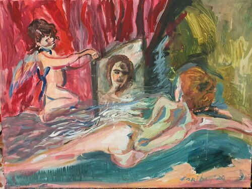 A woman, Venus at her Mirror à Velasquez metamorphosis in mirror Frau vor dem Spiegel van Karibou, Schilderij te koop op Singulart