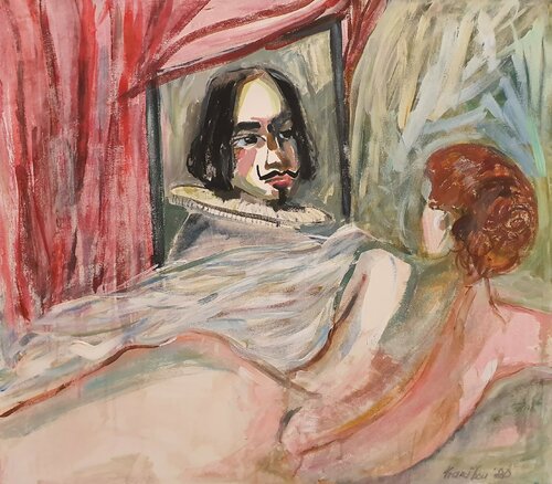 A woman à Velasquez metamorphosis in mirror Frau vor dem Spiegel von Karibou, Malerei kaufen auf Singulart