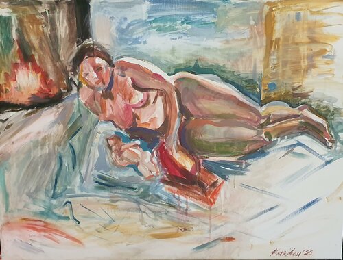 Die Frau mit Kind am Kamin bei karibou di Karibou, Pittura in vendita su Singulart