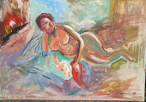 Die Mutter mit Kind am Kamin. Freude. van Karibou, Schilderij te koop op Singulart