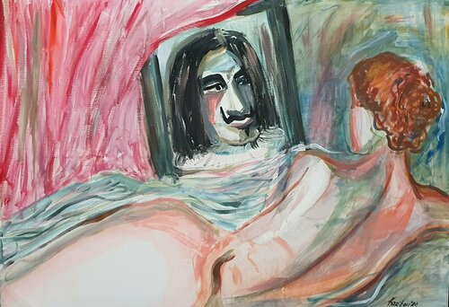 Diego VELASQUEZ AND HIS CREATURE CRÉATRICE. LA VENUS DEL ESPEJO.  A woman, Venus at her Mirror à Velasquez BY KARIBOU di Karibou, Pittura in vendita su Singulart