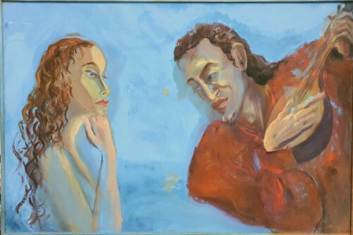 Charango player and a woman. von Karibou, Malerei kaufen auf Singulart