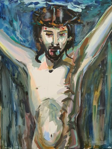 Jesus on cross crucifixion in blue picture resurrection by karibou di Karibou, Pittura in vendita su Singulart