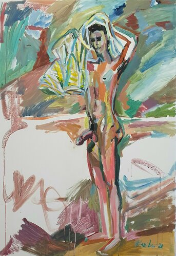 FEELING FRESH. Body positivity. Nude male by Karibou, Painting for Sale on Singulart