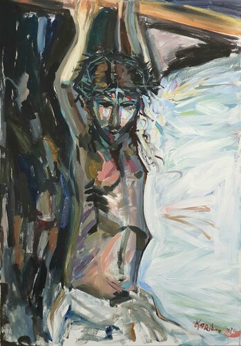 Jesus on a cross crucifixion in blue picture resurrection by karibou. Easter. di Karibou, Pittura in vendita su Singulart