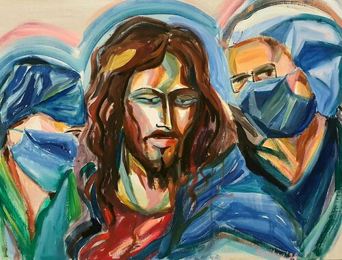 abstract female portrait madonna with Jesus child holy family Christmas by karibou di Karibou, Pittura in vendita su Singulart