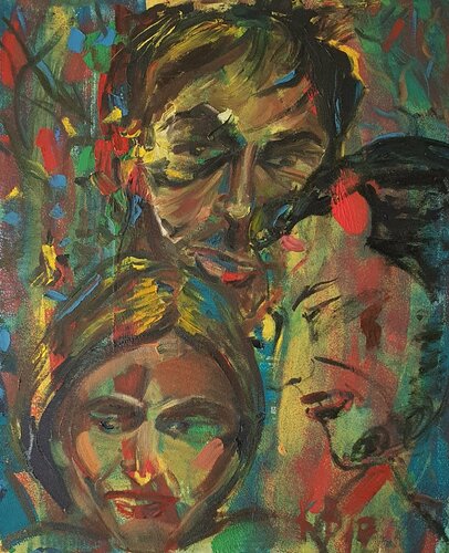 Portrait von drei Gesichter. Scene relationship drei Menschen,  zwei Männer und eine Frau, eine Eifersucht Situation, semi abstract by karibou di Karibou, Pittura in vendita su Singulart