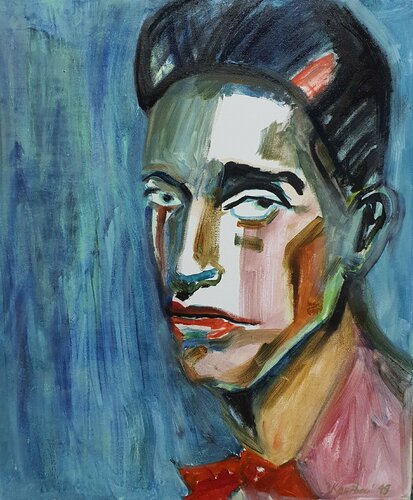 A male Portrait abstract in blue Marcel Duchamp. dada. Dracula. by Karibou, Painting for Sale on Singulart
