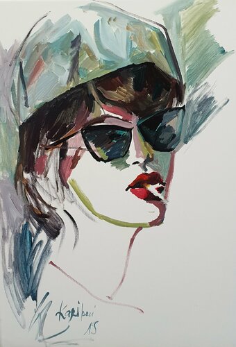 Portrait of a WOMAN smoking with glasses and a bonnet . À la David Hockney by Karibou, Painting for Sale on Singulart