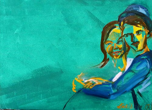 Portrait eines Paares.  Scene relationship zwei Menschen,  ein Mann und eine Frau, semi abstract by karibou by Karibou, Painting for Sale on Singulart