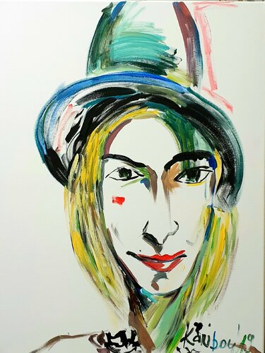 Portrait of a WOMAN in a hat on white. Humorvolle Kunst by karibou. di Karibou, Pittura in vendita su Singulart
