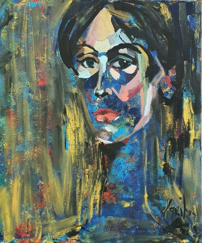 Portrait von androgynischem Gesicht. Modigliani by Karibou, Painting for Sale on Singulart