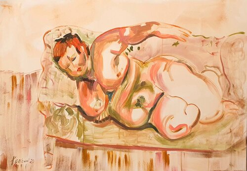 Korpulenz. A woman reclining nude nue auf Sofa in Lucian Freud und Francis Bacon manner par Karibou, Peinture en vente sur Singulart