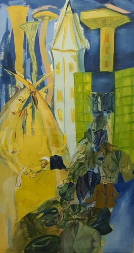 WHAT WOULD HAPPEN IF JESUS WAS BORN IN THE CITY NOW? Like FRANKFURT "ANZUG VON DER STANGE" FIGURATIVE CHRISTIAN ART BY KARIBOU  portrait Jesus by karibou di Karibou, Pittura in vendita su Singulart