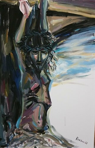 Jesus Kreuzigung, cross crucifixion in blue picture resurrection by karibou XXL Format di Karibou, Pittura in vendita su Singulart