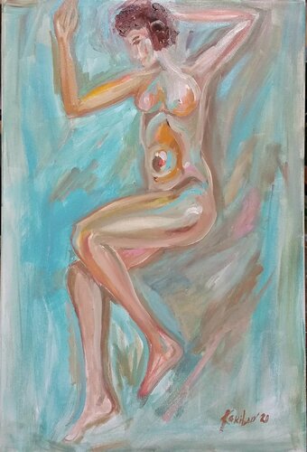 Amphora. A woman nue nude oil naked art fresko by karibou de Karibou, Pintura a la venta en Singulart