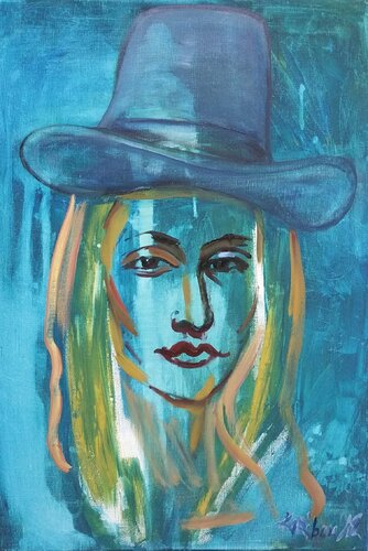 Portrait of a WOMAN in a hat in blue by karibou. van Karibou, Schilderij te koop op Singulart