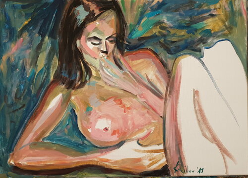 A woman reclining nude nue à la El Greco di Karibou, Pittura in vendita su Singulart