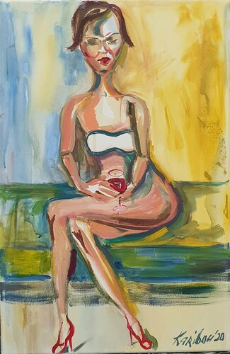 An young woman reclining naked nue expressive manierismo  aktmalerei by karibou von Karibou, Malerei kaufen auf Singulart