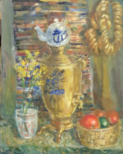 Samovar und Früchten.  Blumen Kunst und Stillleben by karibou de Karibou, Pintura a la venta en Singulart