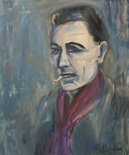 "La peste". Hommage au Albert Camus semi abstrait male portrait art à la Picasso  and in the manner of Manet and a blue period of Picasso van Karibou, Schilderij te koop op Singulart