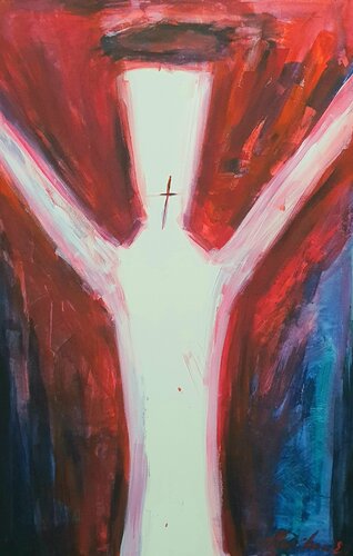 Freude am Leben. Neue Geburt und Neubeginn. Halb abstraktes Gemälde à la Giacometti. Christliche Kunst pop art von karibou. di Karibou, Pittura in vendita su Singulart