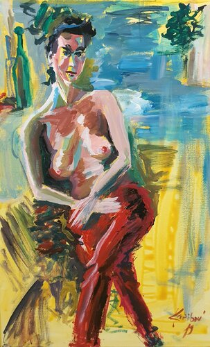 Eine Frau in einer Patrizier Position. Femme fatale. A woman reclining nude nue à la El Greco by karibou di Karibou, Pittura in vendita su Singulart