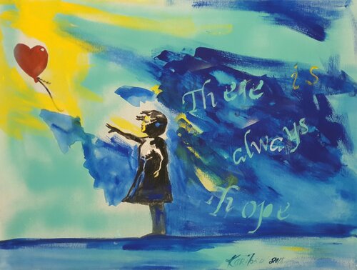 Girl with a balloon. There is always hope. À la Banksy. Childhood art by karibou di Karibou, Pittura in vendita su Singulart