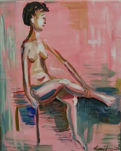 A woman  siting semi realistic nude art by karibou van Karibou, Schilderij te koop op Singulart