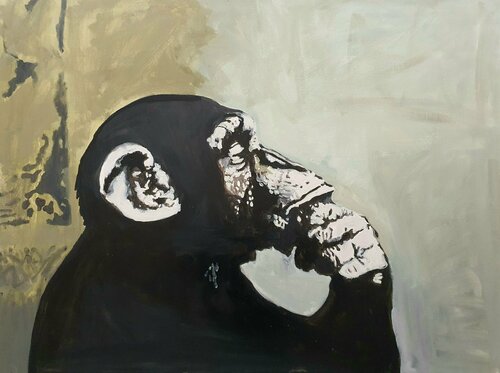 Thinker. Monkey à la BANKSY.  Caricature comics graffiiti street art by karibou. di Karibou, Pittura in vendita su Singulart