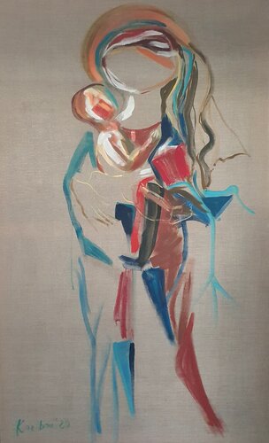 A large portrait on linen. Figurativ abstrakt Madonna mit Kind à la Manet bei karibou de Karibou, Pintura a la venta en Singulart