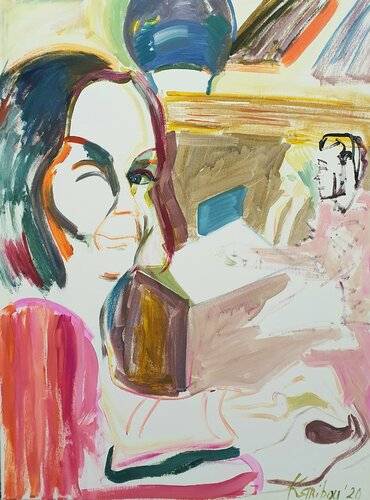 Étude du café demi ABSTRAIT. Portrait dreier Menschen,  eine Frau und ein Paar im Café, russian art, semi abstract in Manier von Marc Chagall von karibou van Karibou, Schilderij te koop op Singulart