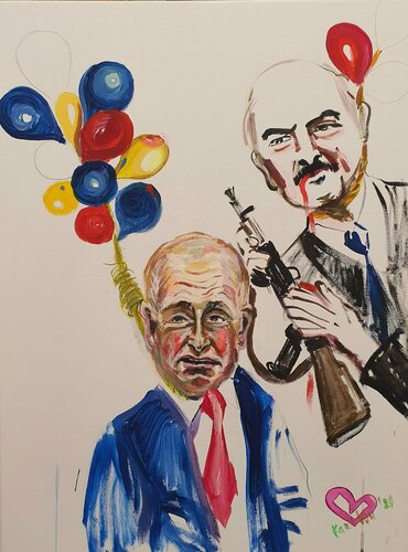 No war. The guillotine is crying for Putin and Lukashenko..  🎈 van Karibou, Schilderij te koop op Singulart
